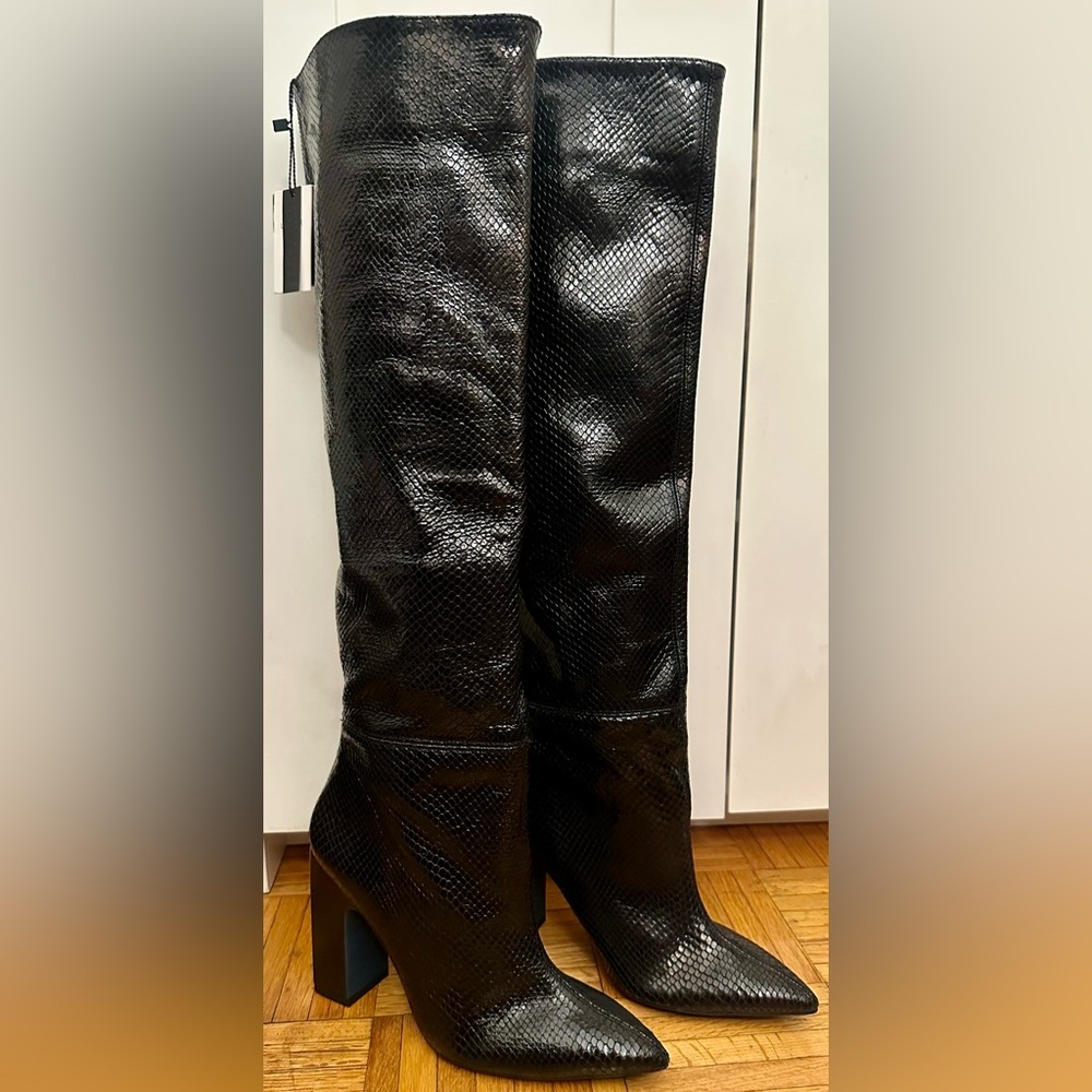 Zara Black Textured Knee-High Block Heel Boots
